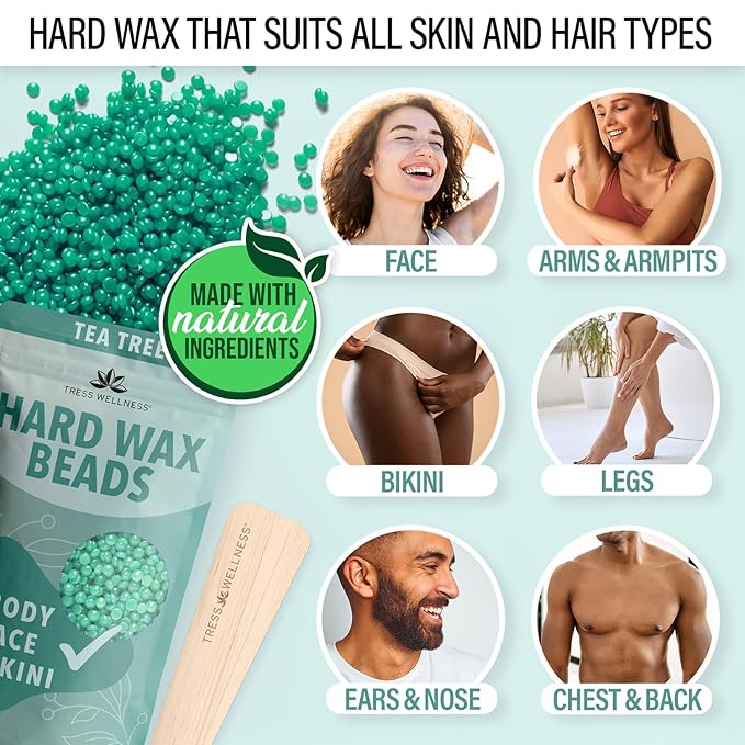 Tress Wellness Waxing Kit for Sensitive Skin – Safe for Face & Skin, Prep & Aftercare Wipes, Easy to Use – At-Home Kit for Face, Bikini, Brazilian & Full Body - Black, No Display