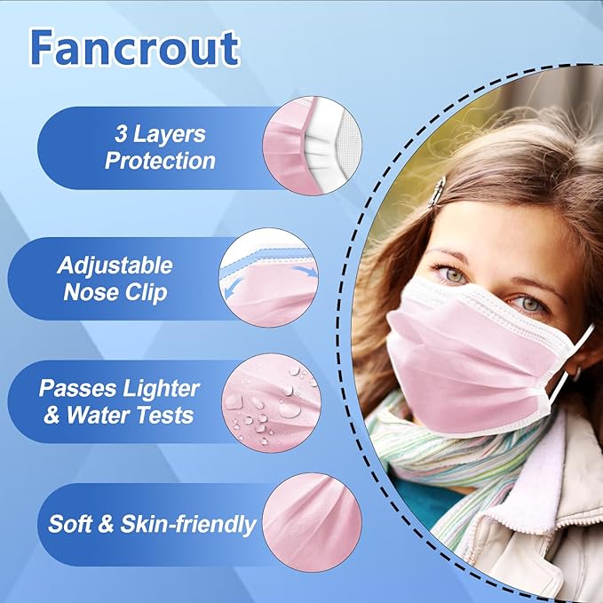 100Pcs Pink Disposable Face Mask, 3 Ply Masks with Soft Elastic Ear loops