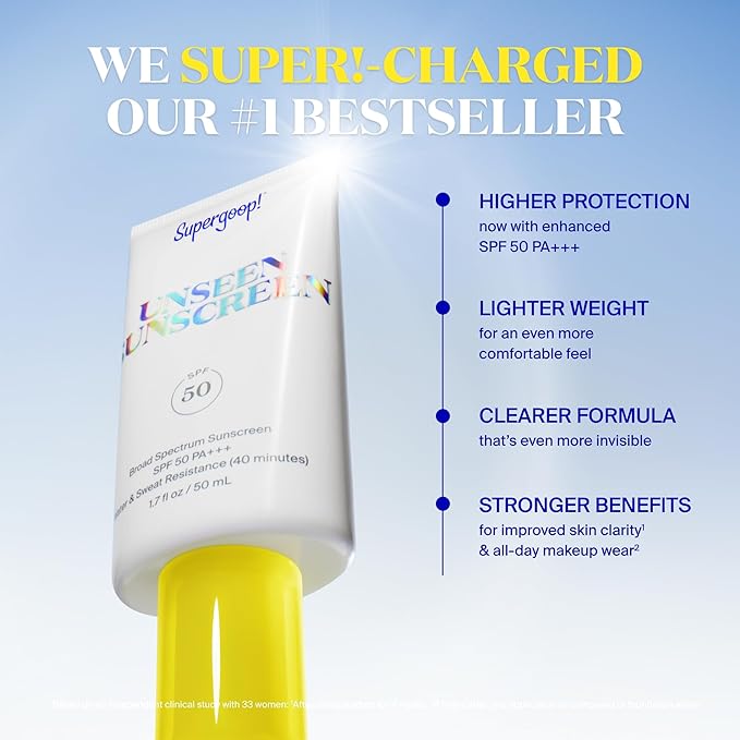 Supergoop! Unseen Sunscreen - SPF 50 - Clear & Invisible Face Sunscreen + Broad Spectrum + Makeup-Gripping Primer - Weightless, Scentless, Oil Free - For All Skin Types & Tones - 2.5 fl oz