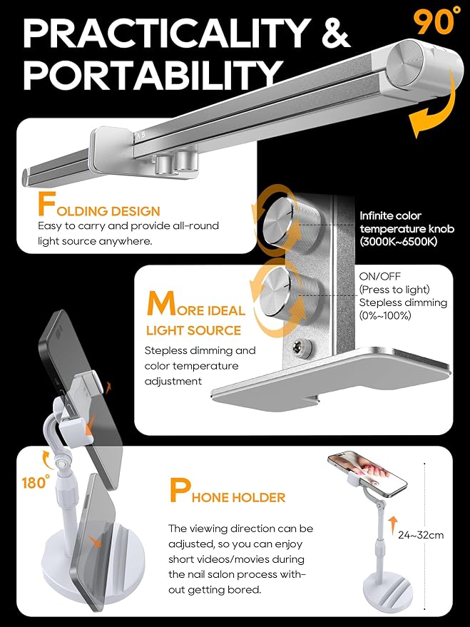 STOLAS Nail Tech Lamp for Desk, 4000K-6000K Dimmable LED Manicure Lamp, Desk Light for Nail Tech-Silver