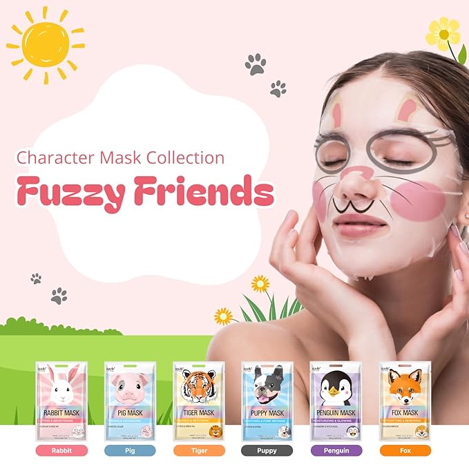 Epielle Character Face Mask Fuzzy Friends 12 Pack, Fun & Effective Korean Skin Care, Spa Party Favors, Stocking Stuffers, Birthday Gifts for Women, Thanksgiving Essentials