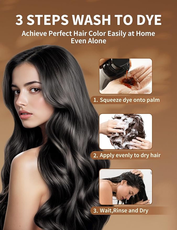 Black Hair Dye Shampoo, 3-in-1 Hair Color, Permanent, Unisex, 100% Gray Coverage, Seamless Root Blend, Last More than 30 Days, 7 Plant Extracts, Frizz-Free, with Dye Tools, 500ml