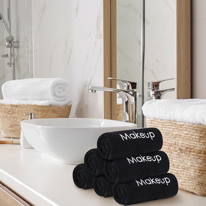 Shimeyao 13x13 Inch Black Makeup Towels Reusable Makeup Washcloths for Face Facial Remover Washcloths Absorbent Cotton Towel for Women Skin Care (6 Pcs,Smile Pattern)