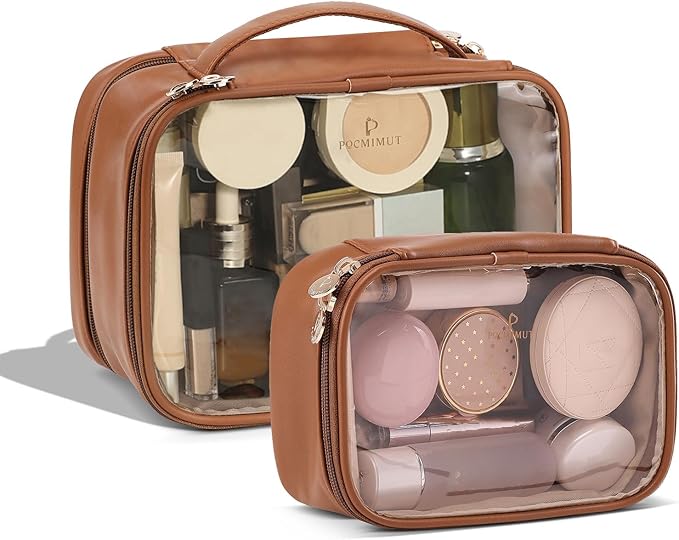 Pocmimut Clear Makeup Bags,Small Makeup Pouch with Large Cosmetic Bag Toiletry Bag Car Accessories Storage for Women Men,Travel Essentials Organizers,Brown