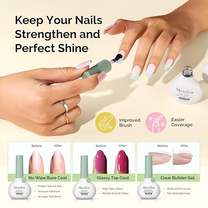 MelodySusie Gel Nail Polish Kit with UV Nail Lamp - Handheld UV Light Christmas Gift for Women Plant Based Hema Free Pink Gel Polish Set with No Wipe Glossy Top Coat Base Coat Builder Manicure Tools