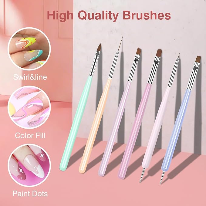 Nail Art Brushes 6PCS Nail Brush Set with Gel Polish and Liner Brush and Dotting Pens for Home and Professional Salon Use