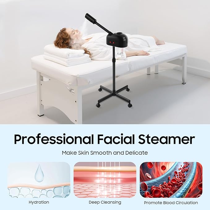 Professional Facial Steamer Mist Face Steamer Stand Ozone Facial Machine with Wheels Professional Skin Care Equipment for Shaving & Skin Care, Barbershop, Salon, Spa Use (Black)