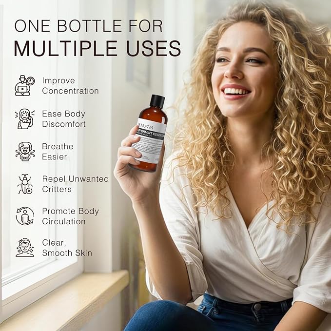 Peppermint Essential Oil, 100% Pure & Natural Peppermint Oil 100ML, Premium Grade Aromatherapy Oil for Skin Body Hair Care, Freshening Air, Mood, Diffuser, Massage, Soap and Candle Making