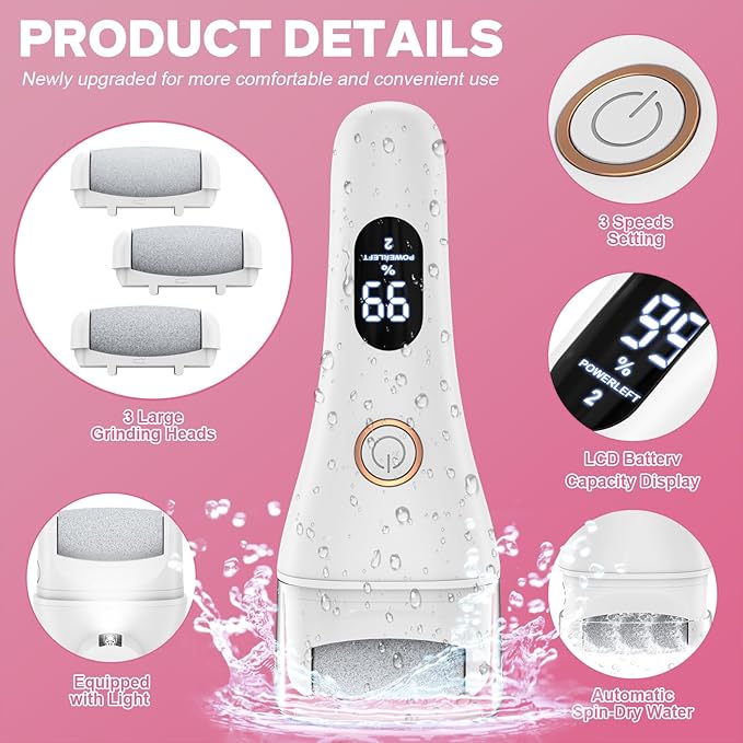 Electric Foot File - Callus Remover for Feet, Adjustable 3 Speed Foot Callus Remover with 16 in 1 Pedicure Tools Professional Foot Care, to Remove Dead Skin and Calluses Hard Skin Dry Cracks (White)