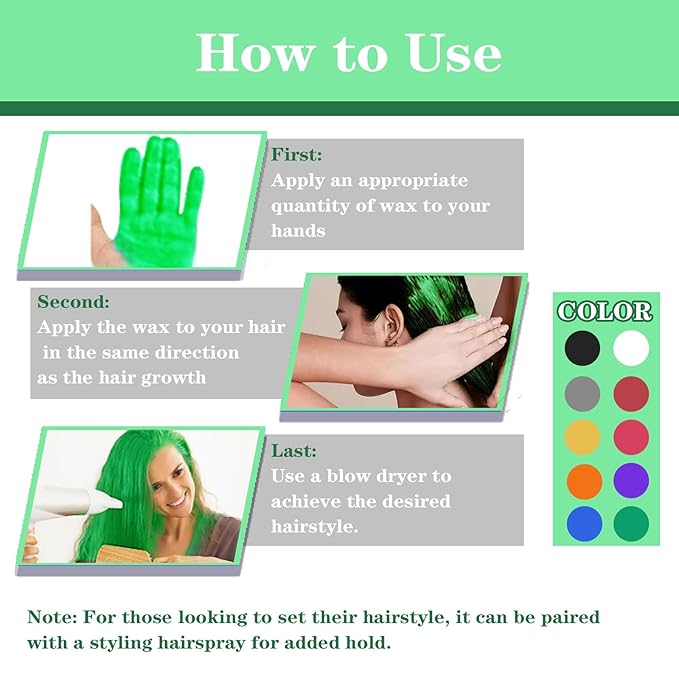 Green Hair Color Wax, Temporary Washable Hair Color Dye for Kids, Temporary Dye Wax Natural Hairstyle Cream Hair Pomades for Women & Men Party Cosplay Halloween
