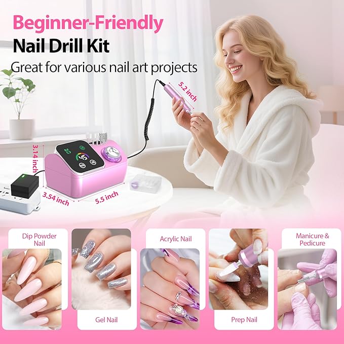 Professional Electric Nail Drill E-File Machine - 45,000 RPM Corded Nail Drills Kit with Low Noise & LED Display for Shaping, Removing & Polishing Acrylic Gel Nails for Salon Home