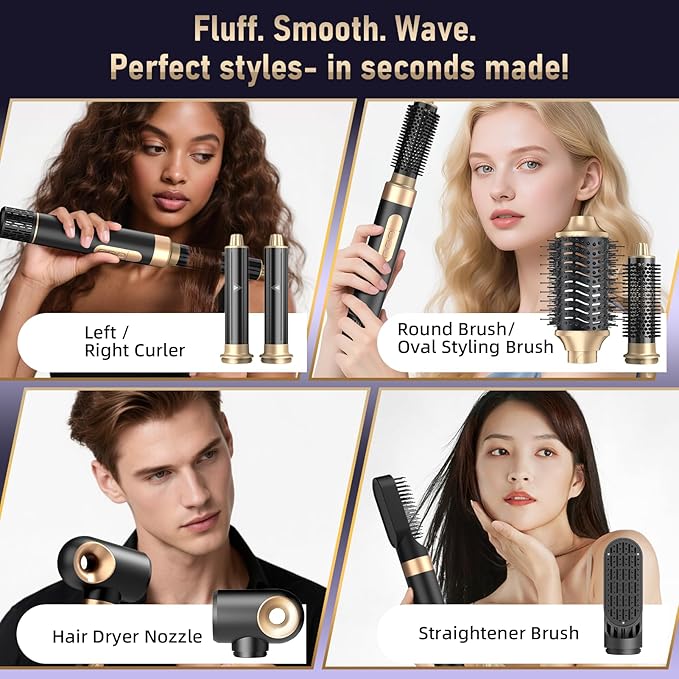 6 in 1 Hot Air Brush & Hair Dryer–High-Speed Hair Dryer Brush with Auto Wrap Curlers, Hot Air Styler Wrap Fast Drying & Frizz-Free Styling, No Heat Damage, Volumizing with Travel Bag