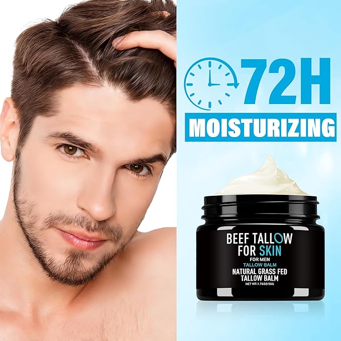 Beef Tallow Balm for Skin & Face, Men's Multi-Function Tallow Face Moisturizer, 100% Grass-Fed Beef Tallow, Ultra-Hydrating Body Cream for Dry/Sensitive Skin, 1.76 Oz