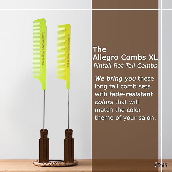 Allegro XL Pintail Rat Tail & Parting Combs - Metal Tail Foiling & Pin Combs for Stitch Braids - 2 Pc. (Neon Yellow)