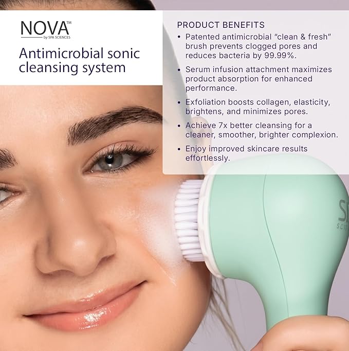Spa Sciences - NOVA - Sonic Cleansing Brush with Bristles & Infusion System – Anti-Aging Facial Exfoliating, Waterproof, and USB Rechargeable