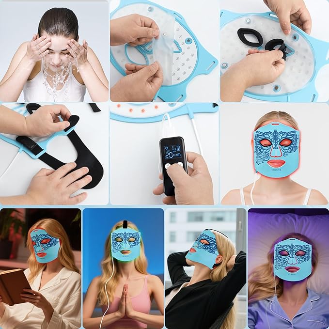 Red Light Therapy for Face Mask with Ice Compress, 850nm Infrared Red Light Therapy, 7+1 Light Modes Led Face Mask Light Therapy, Level 5 Timing, 3000mAh, Led Mask Light Therapy for Home, Blue