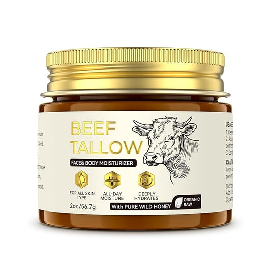 Beef Tallow for Skin - Natural Honey and Tallow Balm Nourishing Tallow Face Moisturizer Cream, Formula with Grass-Fed Organic Whipped Tallow for Dry, Cracked Face & Body Skin Care Daily Use (2 oz)