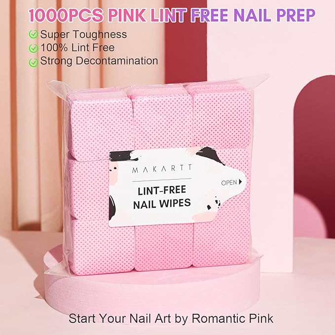 Makartt Lint Free Nail Wipes: Nail Polish Remover Pads 1000PCS Eyelash Extension Glue Wipes, Super Absorbent Soft Gel Nails Wipes Dry Wipes for Nail Prep and Gel Polish Remover, Pink