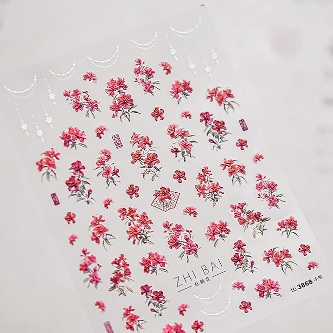 Spring Summer Nail Art Stickers 5D Self Adhesive Nail Decals Red Flower Nail Stickers for Nail Art Embossed Nails Design Floral Nails Supplies for DIY Manicure Decoration for Women Girls