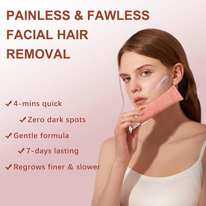 Facial Hair Removal Cream for Women, Painless & Flawless Depilatory Cream for Face Upper Lip Chin Hair Remover, Gentle Formula for Sensitive Skin