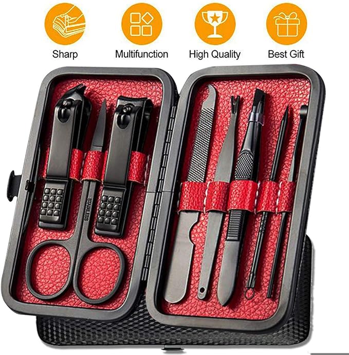 Manicure Pedicure Kit Nail Clippers Set 18 in 1 High Precision Stainless Steel Cutter File Sharp Scissors for Men & Women Fingernails & Toenails Vibrissac Scissors with Stylish Case (black&red_8in1)