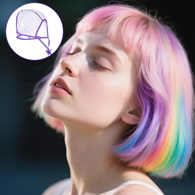 3PCS Highlight Cap, Hair Highlighting Caps With 3 Plastic Crochet Hooks Highlighting Kit for Hair Coloring Salon Dyeing Bleach Salon and DIY Hairdressing Supplies(Pink Blue Purple)