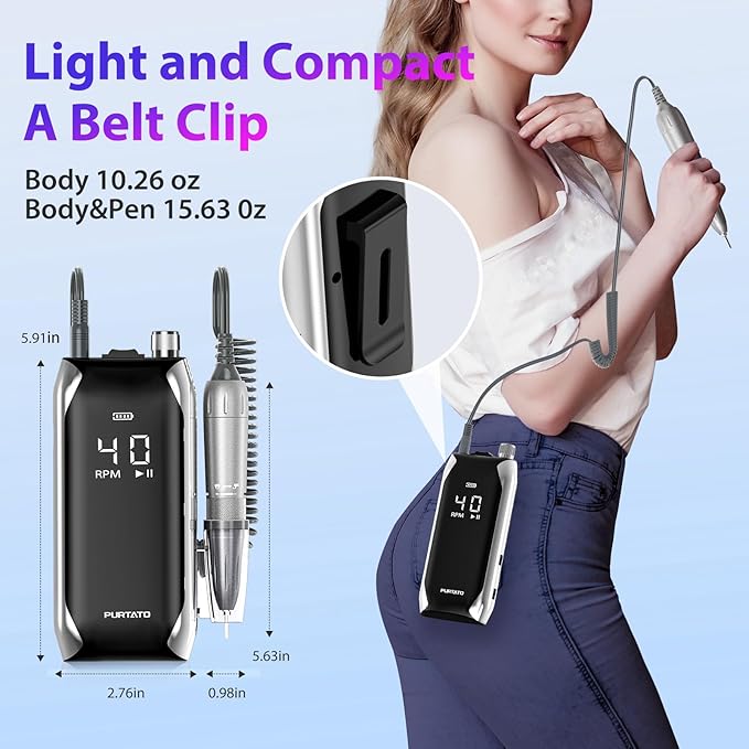 Professional Nail Drill 40,000 RPM, Rechargeable,LCD Display E File Machine for Acrylic Nails Gel Polishing Removing Portable Nails Efile Tools for Manicure Salon & Home (Silver)