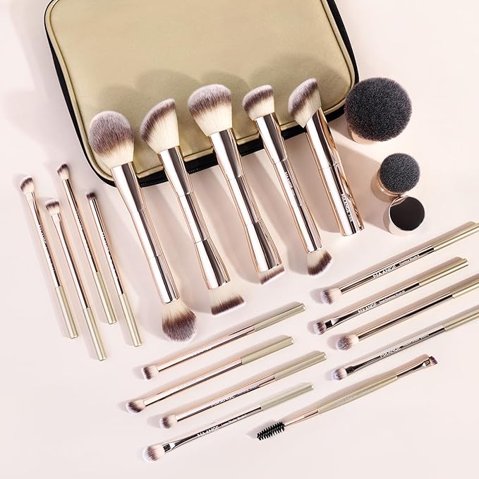 MAANGE 20 PCS Makeup Brush Set with Bag, Double-ended Kabuki Brush Foundation Contour Brush for Liquid Powder Concealer Eye Shadows Cream Cosmetics Blending Blush Face Makeup Tools with Case (Gold)
