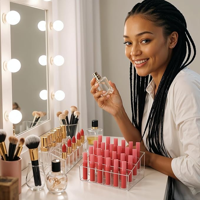 4 Pack Acrylic Lipstick Holder Organizer, 24 Slot Clear Lip Gloss Holder, Lipstick Display Stand for Lipsticks, Lip Balms, Makeup Brushes & Nail