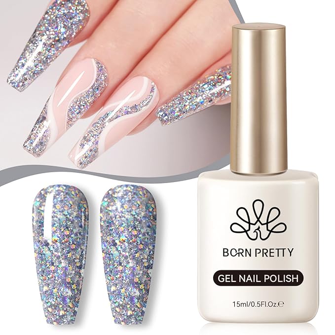 Born Pretty Christmas Silver Glitter Gel Nail Polish Shiny Silver Gel Polish Nail Art Design Manicure DIY at Home 15ml