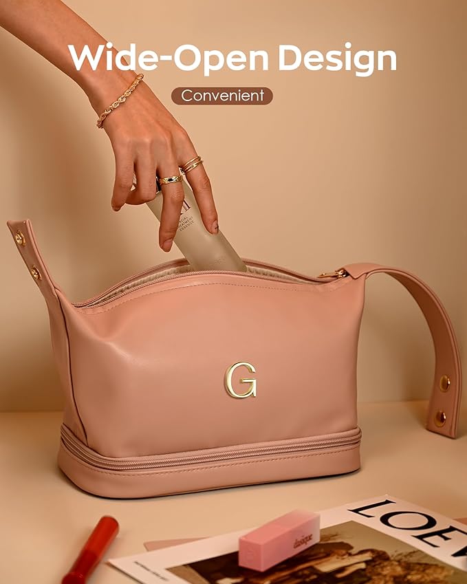 Travel Gifts Initial Cosmetic Bags Personalized Bags with Handle, Double Layer Makeup Bag, Large Capacity PU Leather Makeup Bags Letter Travel Toiletry Bag with Makeup Brush Organizer