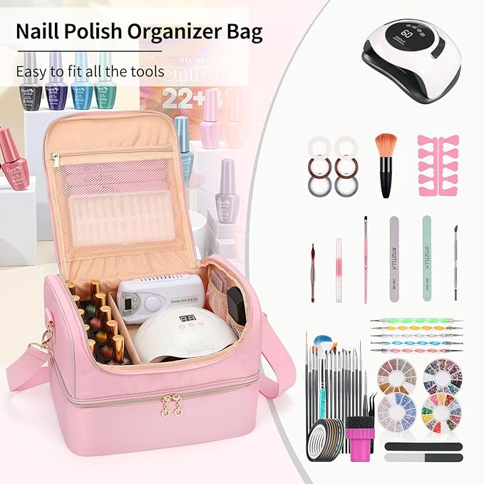 Nail Polish Organizer Case, Nail Supplies Storage Box Holds Nail Polish Bottles & Nail Lamp, Travel Nail Tech Carrying Case, Nail Kit Bag For Nail Stuff & Manicure Tools (Pink, 45 Slots)