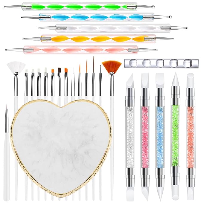 Nail Art Tools 27Pcs Set,Nail Art Brush,Resin Nail Art Palette,5 Pcs Nail Art Sculpture Pen,2-way Acrylic Silicone Engraving Pen Dotting Pen Tools Nail Art Kit for Nail Art DIY
