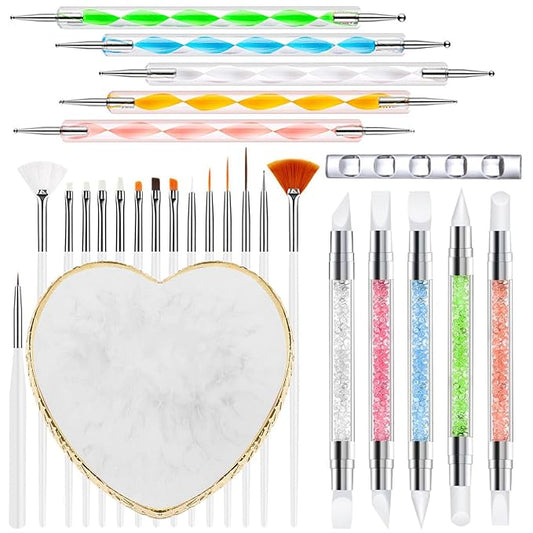 Nail Art Tools 27Pcs Set,Nail Art Brush,Resin Nail Art Palette,5 Pcs Nail Art Sculpture Pen,2-way Acrylic Silicone Engraving Pen Dotting Pen Tools Nail Art Kit for Nail Art DIY