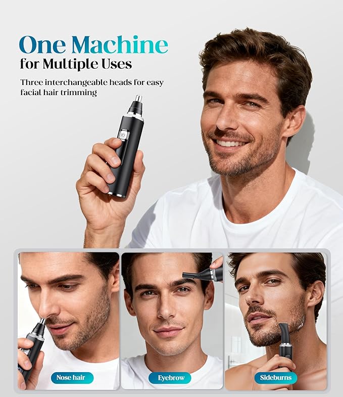 Nose Hair Trimmer for Men and Women, Type-C Rechargeable Precision Groomer with Double-Edged Blades, Painless & IPX7 Waterproof Design for Nose, Ears, Eyebrows and Facial Hair