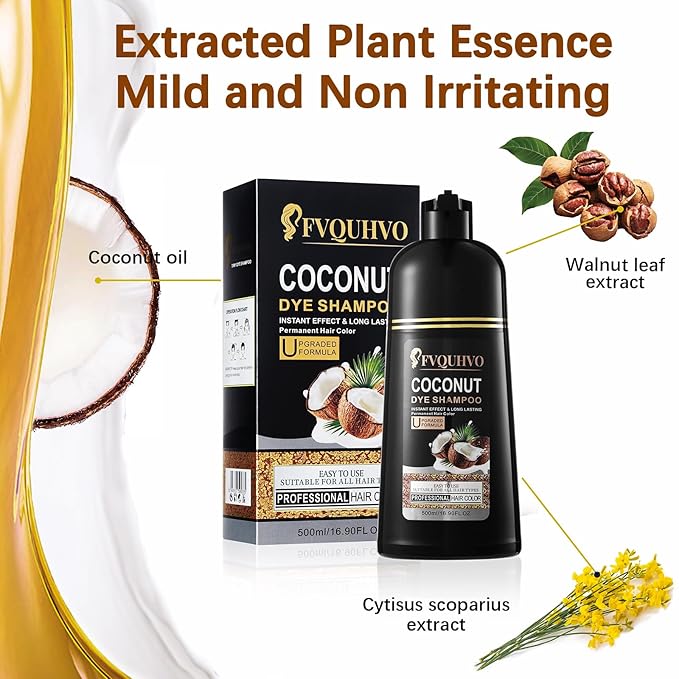 Coconut Dye Shampoo for Brown Hair - 3 in 1 Instant Hair Color, Dye Shampoo for Women & Men