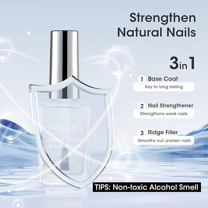 GELLEN Clear Nail Polish Base Coat, Calcium-Formula Nail Base Coat Strengthener Strengthens Nails, Anti-yellowing, Quick Air Dry, No UV Gel, Hema Free, Non-toxic, No Chip, Long Lasting, Protect Nails