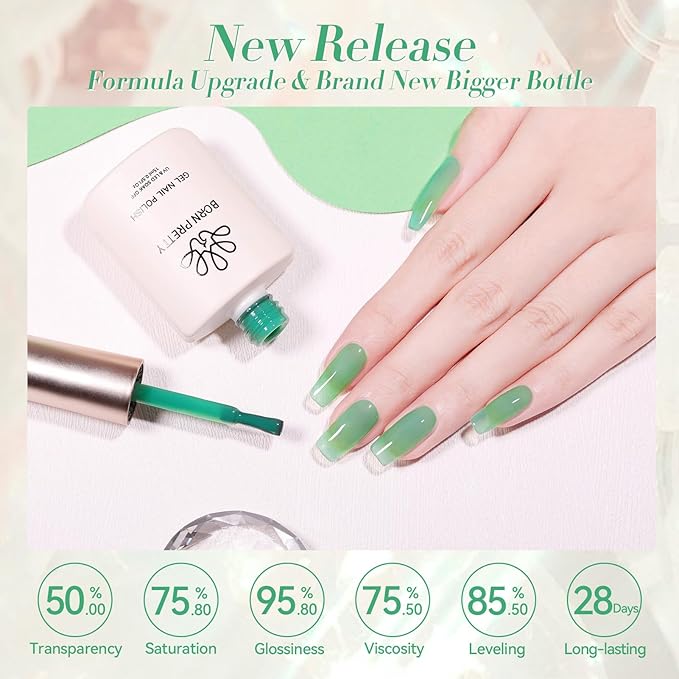 BORN PRETTY Jelly Green Gel Nail Polish Sheer Transparent Translucent Soak Off U V Gel Polish Nail Art DIY Manicure 15ML
