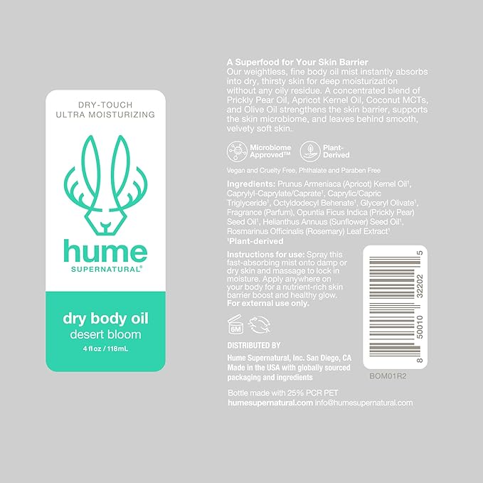 HUME SUPERNARURAL Dry Body Oil Spray - Non-Toxic Moisturizing Mist for Dehydrated or Sensitive Skin, After Shower Body Oils for Women Men, Nourishing Prickly Pear, Apricot, Fast Absorbing Plant-Based