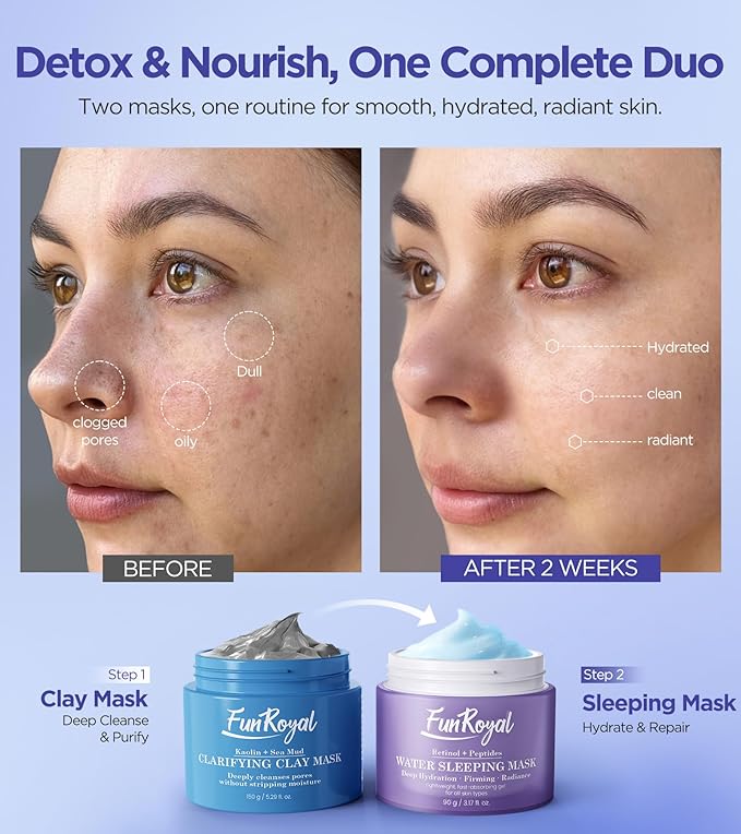 Glow-Boosting Face Masks Skincare Set – Deep Detox Clay Mask for Clear Pores, Blackheads and Excess Oil, Hydrating Overnight Face Mask with 10% Hydrolyzed Collagen – Spa-Like Facial Skin Care at Home
