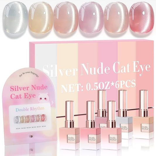 Double Rhythm Cat Eye Gel Nail Polish Set of 6 Same Color Same Bottle 0.5 Oz Shimmer Glitter with Magnet Holographic Reflective Magnetic UV Nail Polish Kit at Home (Silver Nude Pink-T6-27)