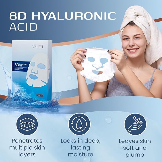 Hyaluronic Acid Face Sheet Mask, Set of 10 - Hydrating Korean Beauty Treatment - Moisturising Facial Skincare for Women and Men - With Aloe Vera, Trehalose and Anti Aging Squalene