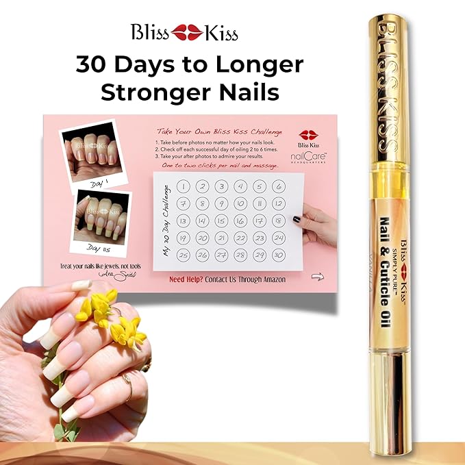 Bliss Kiss | 1 Vanilla Fragrance | Nail Oil Cuticle Pen w/Vitamin E & Jojoba⏤Nail Strengthener Nail Growth Serum for Brittle Peeling Breaking Thin Nails
