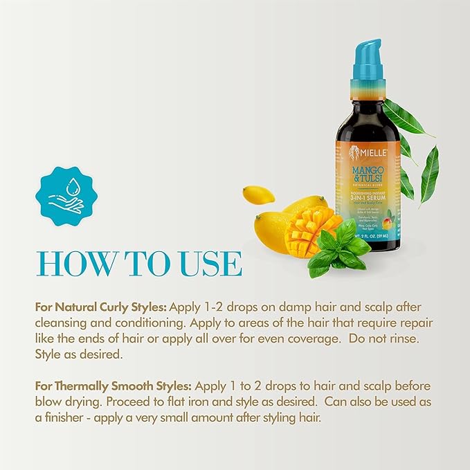 Mielle Organics Mango & Tulsi Nourishing 3-in-1 Hair Serum - Hair & Scalp Serum for Frizz Control, Split Ends & Moisture Balance - Strengthens & Seals Cuticles with Nutrients (12 Fl Oz)