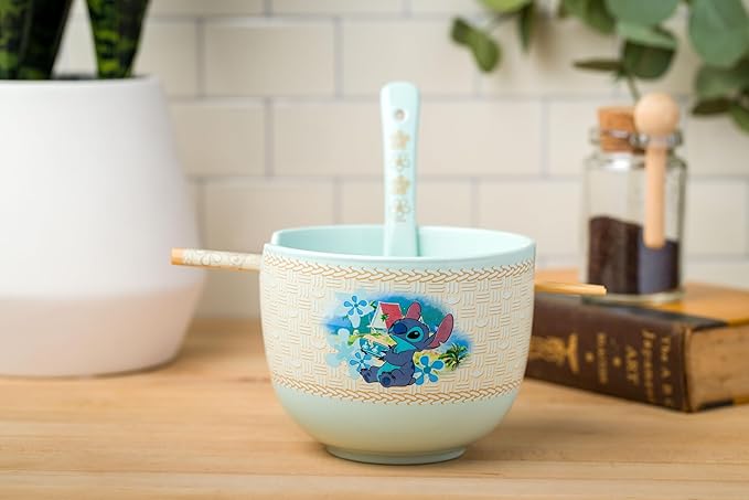 Silver Buffalo Disney Lilo and Stitch Tropical Ceramic Ramen Bowl with Chopsticks and Spoon, 20 Ounces