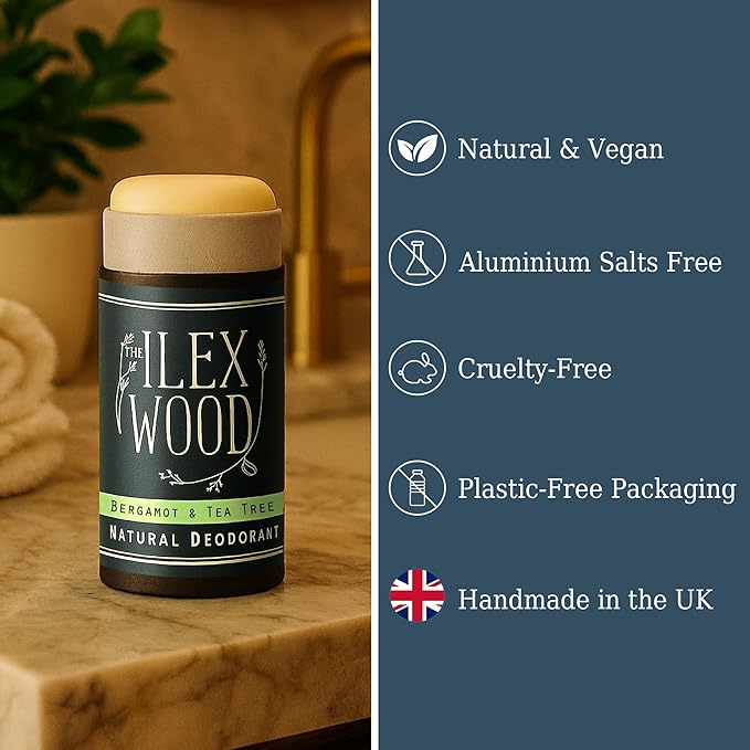 The Ilex Wood Natural Deodorant - 2.4fl oz. Handmade, Aluminum Salt Free, Plastic Free, Cruelty and Alcohol Free, Vegan, Eco Friendly Cardboard Tube – Bergamot and Tea Tree (Citrus)