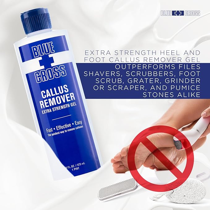 Blue Cross Callus Remover Gel for Feet or Heel, Extra Strength Professional Nail Care, File, Shaver, Scrubber & Pumice Stone Alternative for at Home Manicure/Pedicure Results, 16oz