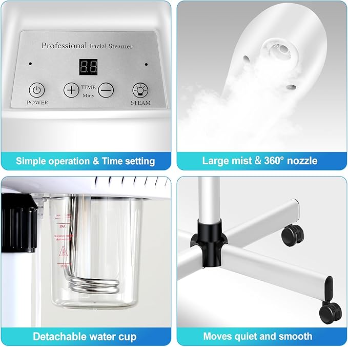 Professional Facial Steamer, Esthetician Steamer on Wheels with Hot Mist, Stand Face Steamer for Facial Deep Cleaning, Steamer for Facial for Personal Care or Spa, Moisturizing and Hydrating, White