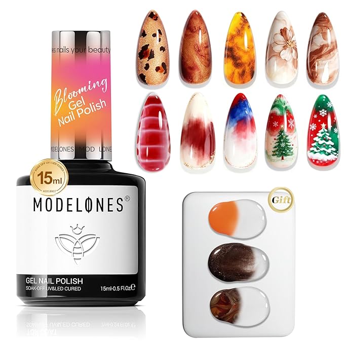 modelones Blooming Gel Nail Polish 15ML with Nail Art Palette, Clear Blooming Gel for Spreading Effects Floral Print Marble Watercolor Design Mix Color Glitter Power Nail Art DIY Manicure Home