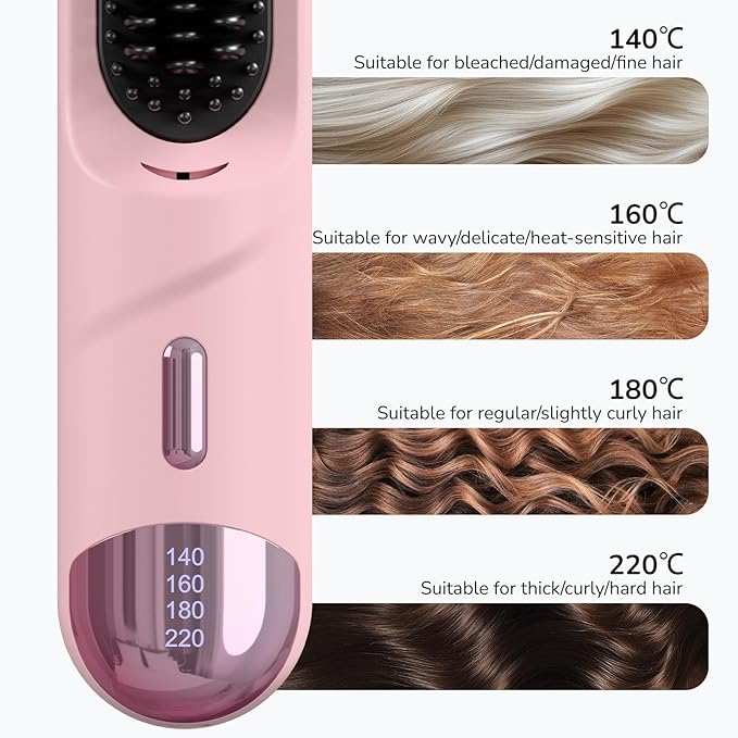 Go Brush Pro 2025 Hair Straightener Brush 300 Million Negative Ionic Portable Hair Straightener Comb for Women with 4 Temps Fast Heating MCH Ceramic Coating Smooth Frizz-Free Hair Pale Pink